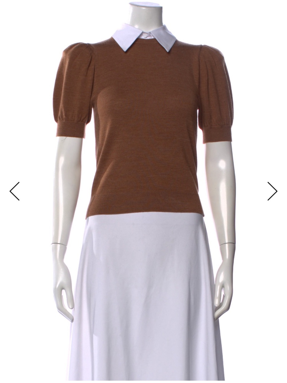 Brown Puff-Sleeve Knit Top with Contrast Collar